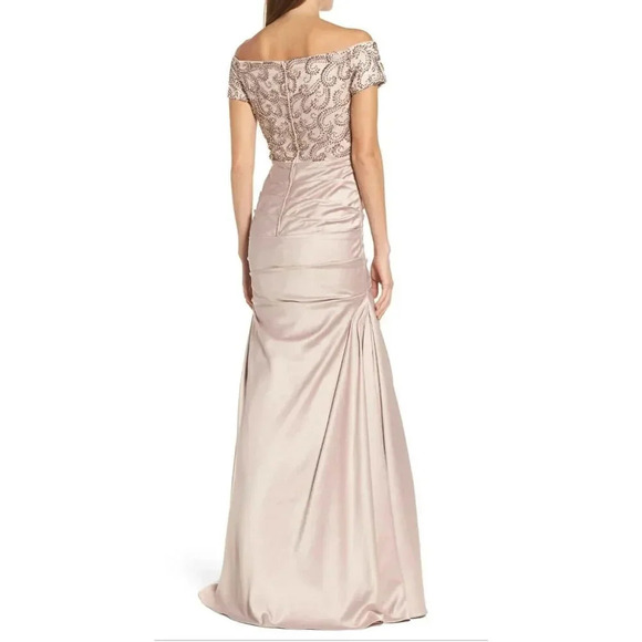 LA FEMME Champagne Beaded Back Off the Shoulder Ruched Crepe Satin Gown - Picture 6 of 11